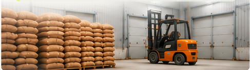 Commodity bags and forklift inside a warehouse